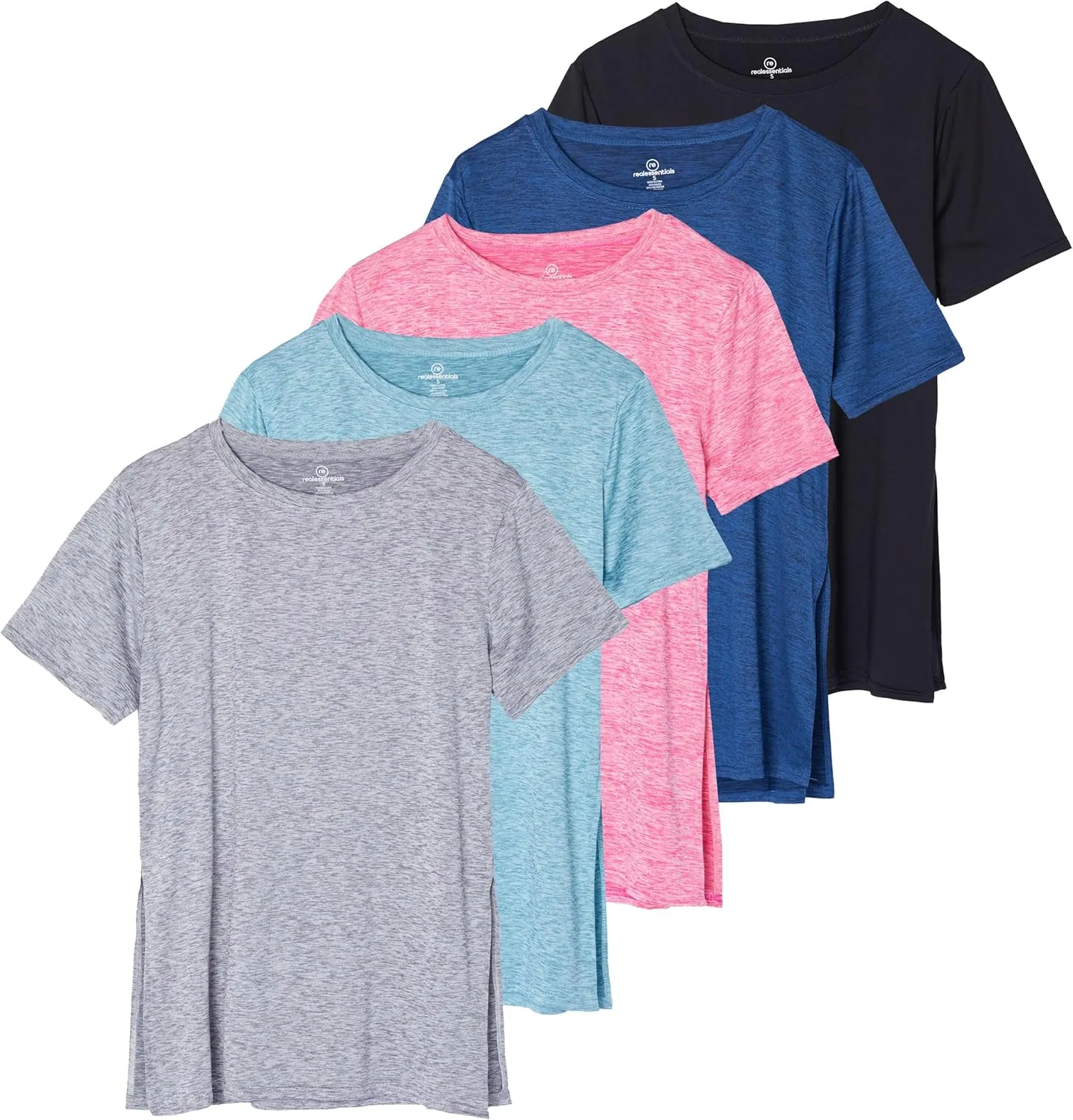 Real Essentials 5 Pack: Women's Short Sleeve Active Workout T-Shirts - Dry Fit Gym Tops with Split Hem (Plus Sizes)