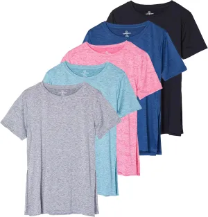 Real Essentials 5 Pack: Women's Short Sleeve Active Workout T-Shirts - Dry Fit Gym Tops with Split Hem (Plus Sizes)