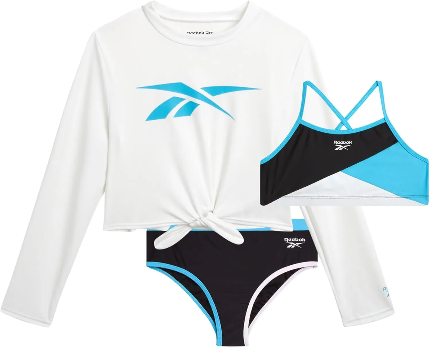 Reebok Girls' Rash Guard Set - 3 Piece UPF 50  Long Sleeve Swim Shirt with Bikini Swimsuit - Swimwear Set for Girls (4-16)