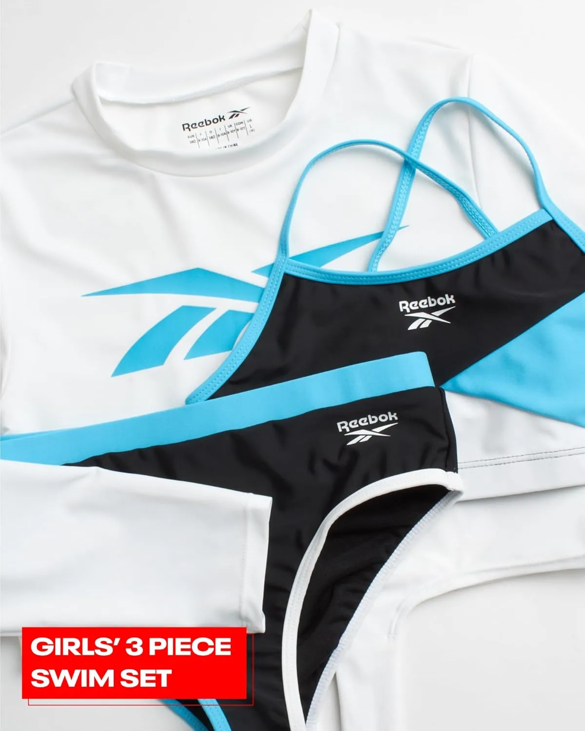 Reebok Girls' Rash Guard Set - 3 Piece UPF 50  Long Sleeve Swim Shirt with Bikini Swimsuit - Swimwear Set for Girls (4-16)