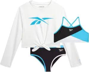 Reebok Girls' Rash Guard Set - 3 Piece UPF 50  Long Sleeve Swim Shirt with Bikini Swimsuit - Swimwear Set for Girls (4-16)