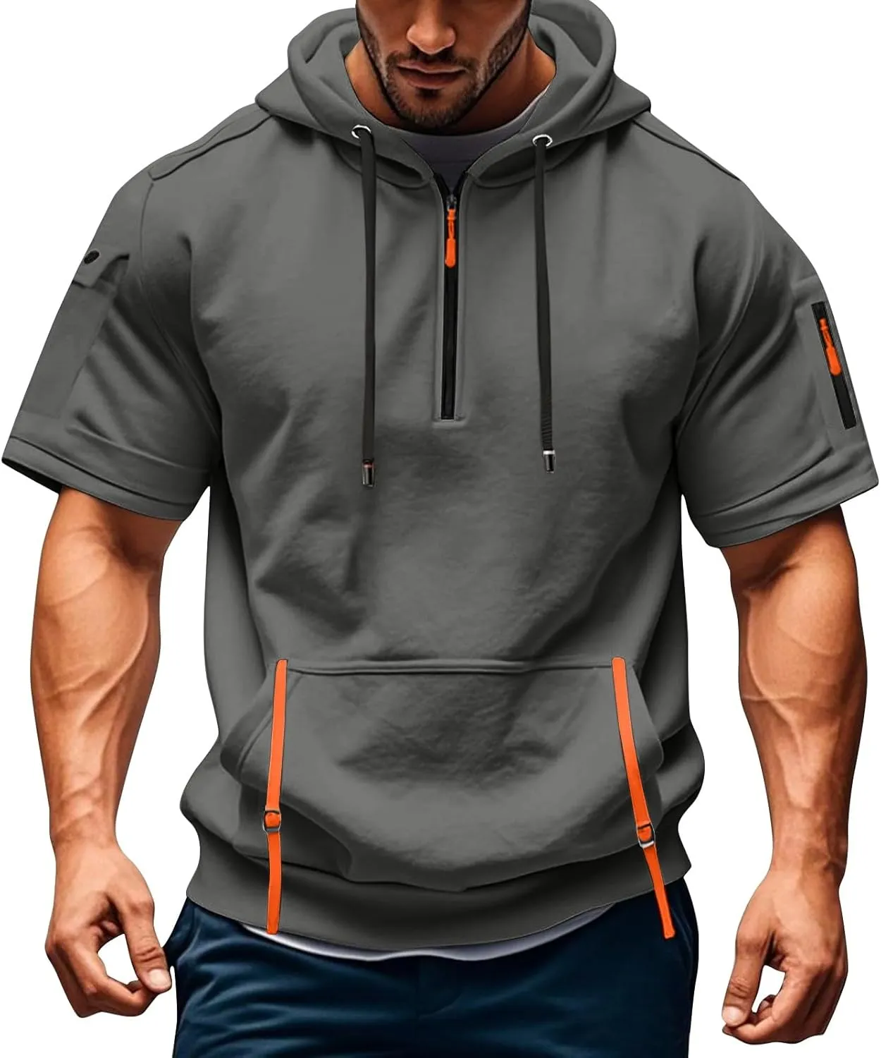 RTTUIOP Short Sleeve Hoodies for Men Gym Workout Athletic Running Shirts Quarter Zip Hoodie Pocket Tee