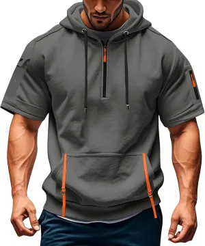 RTTUIOP Short Sleeve Hoodies for Men Gym Workout Athletic Running Shirts Quarter Zip Hoodie Pocket Tee