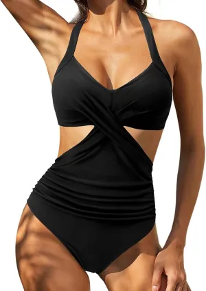 Rvidbe Womens One-Piece Swimsuit Ruched Tummy Control High Cut Backless V Neck Bathing Suits Swimwear One-Piece Swimsuits for Women Tummy Control Swimsuits for Women Monokini Swimsuits