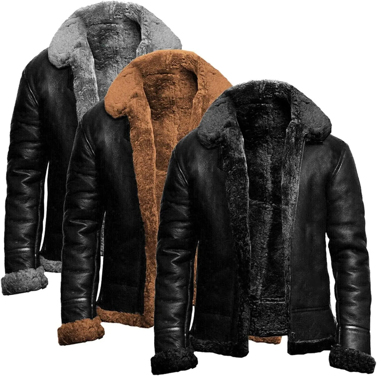 Shearling Jacket Men Faux Suede Sherpa Lined Sheepskin Jacket Aviator Flying Jacket Zip Up Bomber Winter Coat Outwear