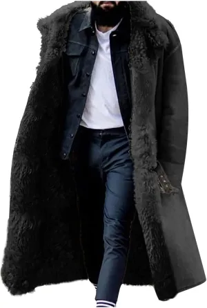 Shearling Long Coat Men Suede Sherpa Lined Long Jacke Winter Sheepskin Fleece Coat Fur Collar Jacket Trench Overcoat