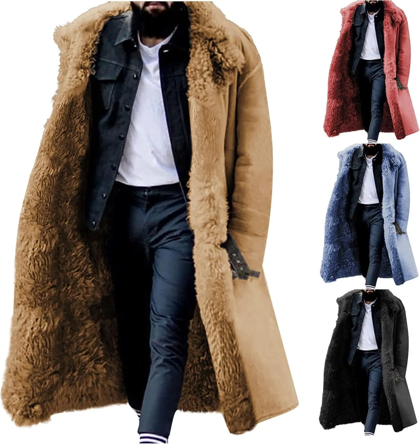 Shearling Long Coat Men Suede Sherpa Lined Long Jacke Winter Sheepskin Fleece Coat Fur Collar Jacket Trench Overcoat