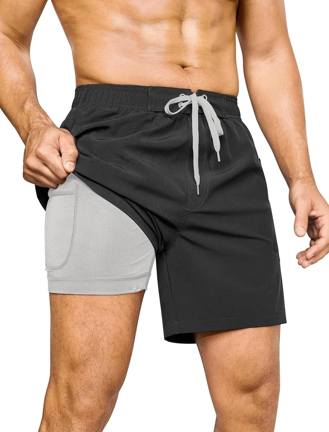 SILKWORLD Mens Swim Trunks 6" Quick Dry Bathing Suit Beach Swimming Shorts with Compression Liner and Zipper Pockets