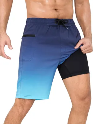 SILKWORLD Men's Swim Trunks with Compression Liner 9" Swimming Trunk 2 in 1 Beach Quick Dry Shorts with Zipper Pocket