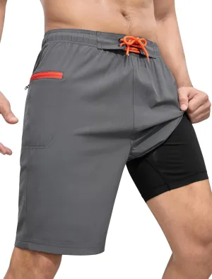 SILKWORLD Men's Swim Trunks with Compression Liner 9" Swimming Trunk 2 in 1 Beach Quick Dry Shorts with Zipper Pocket