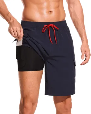 SILKWORLD Men's Swim Trunks with Compression Liner Quick Dry Bathing Suits 9 Inch Swimming Shorts with Cargo Pockets