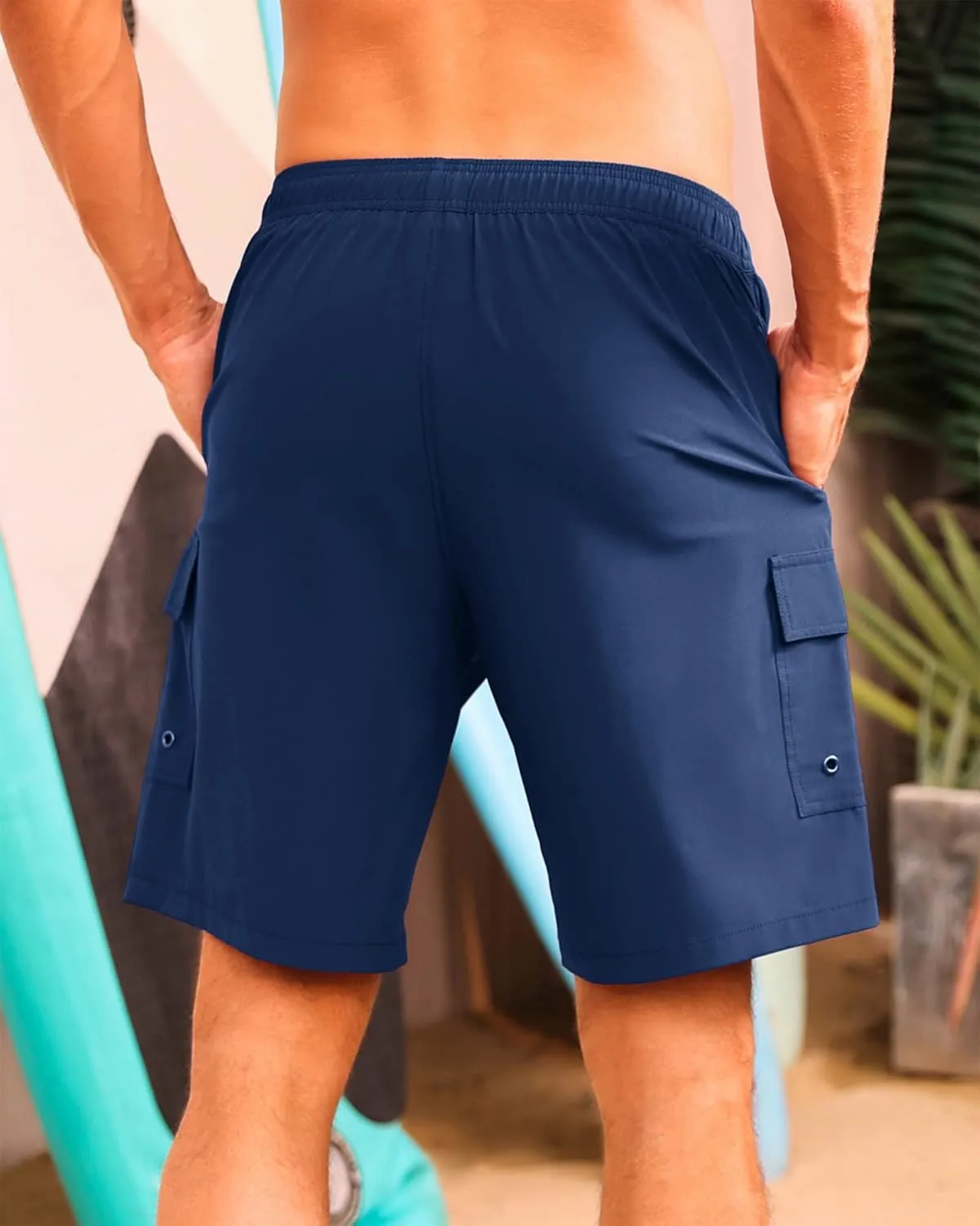SILKWORLD Men's Swim Trunks with Compression Liner Quick Dry Bathing Suits 9 Inch Swimming Shorts with Cargo Pockets