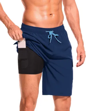 SILKWORLD Men's Swim Trunks with Compression Liner Quick Dry Bathing Suits 9 Inch Swimming Shorts with Cargo Pockets