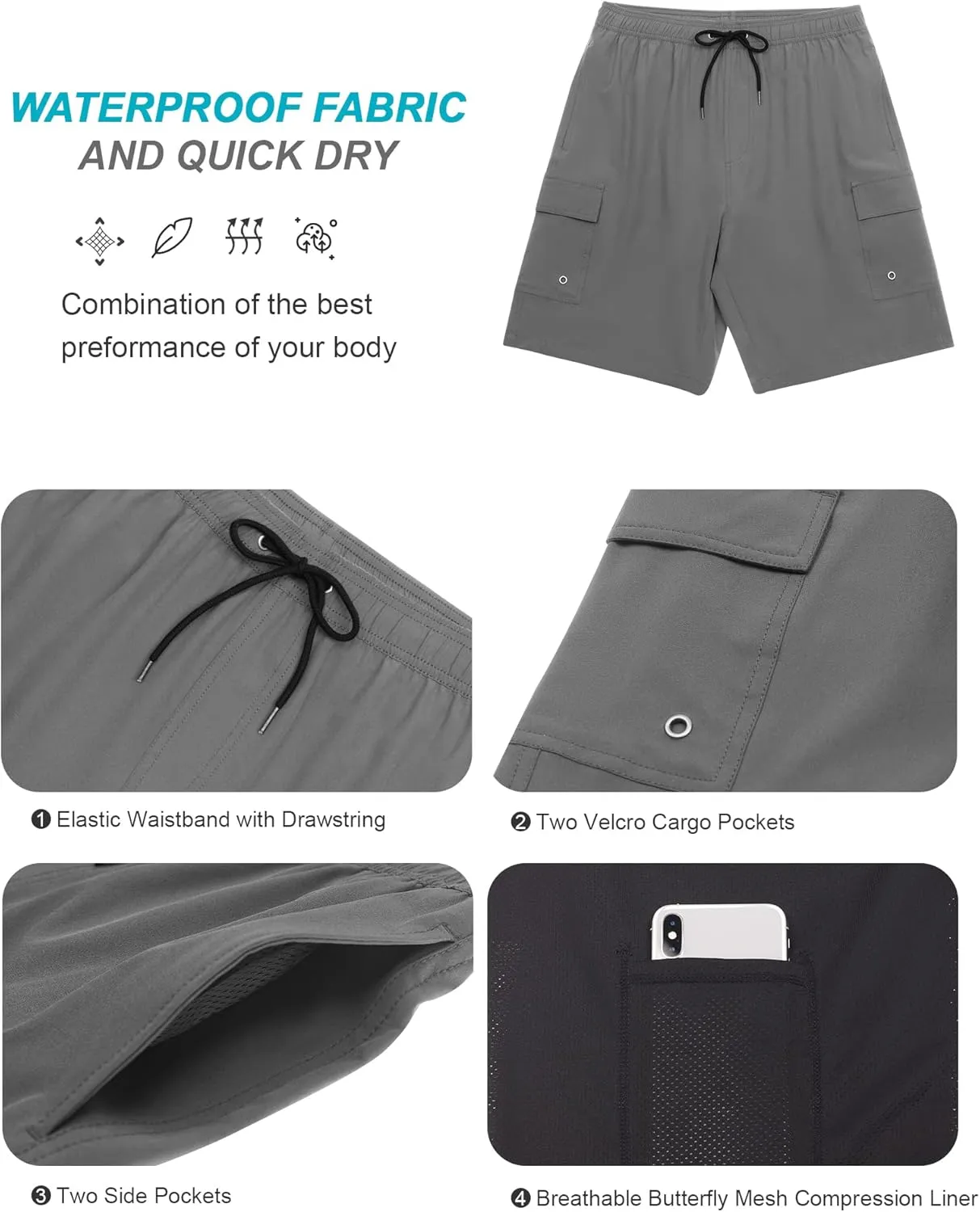 SILKWORLD Men's Swim Trunks with Compression Liner Quick Dry Bathing Suits 9 Inch Swimming Shorts with Cargo Pockets