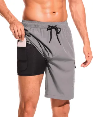 SILKWORLD Men's Swim Trunks with Compression Liner Quick Dry Bathing Suits 9 Inch Swimming Shorts with Cargo Pockets