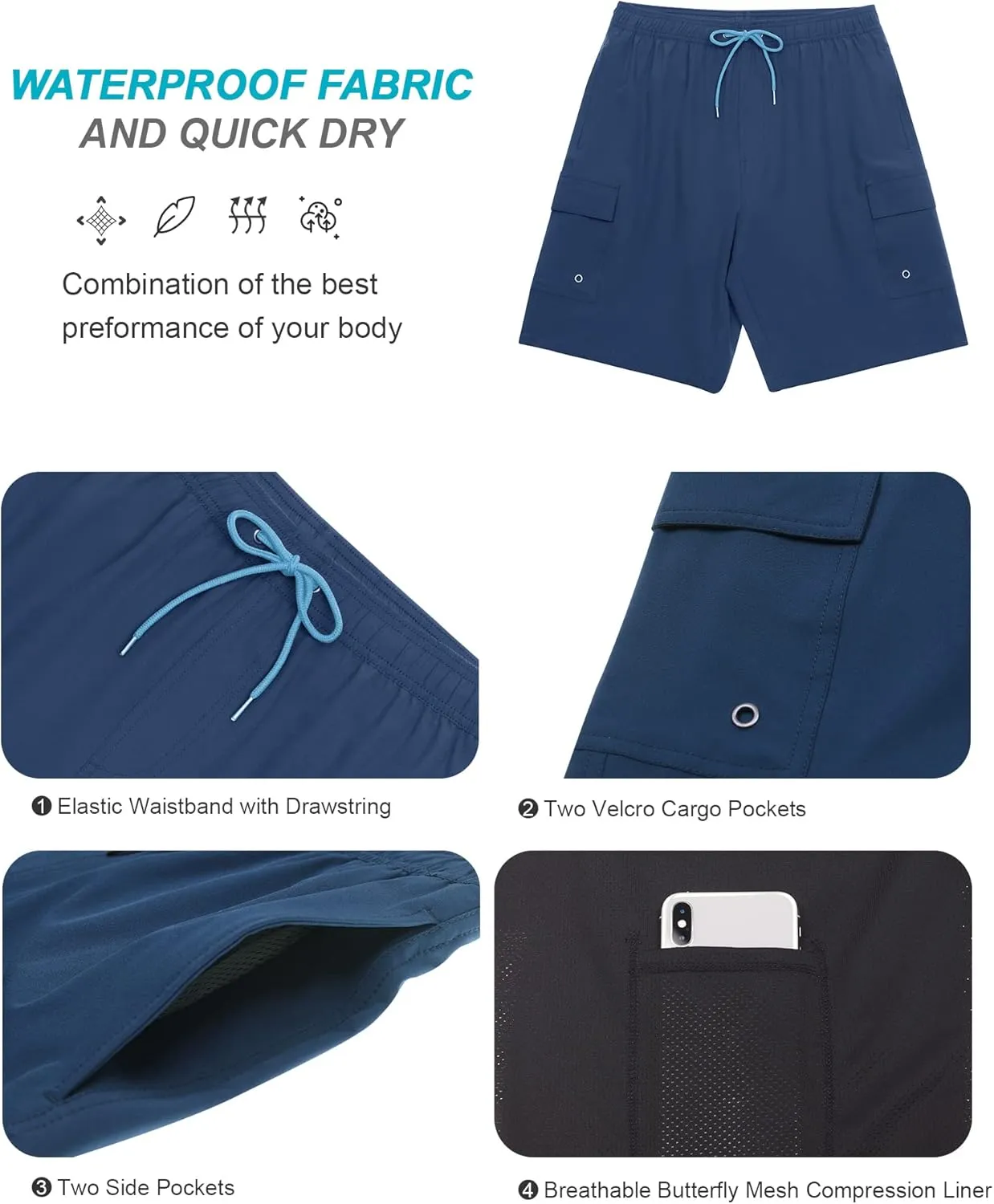 SILKWORLD Men's Swim Trunks with Compression Liner Quick Dry Bathing Suits 9 Inch Swimming Shorts with Cargo Pockets