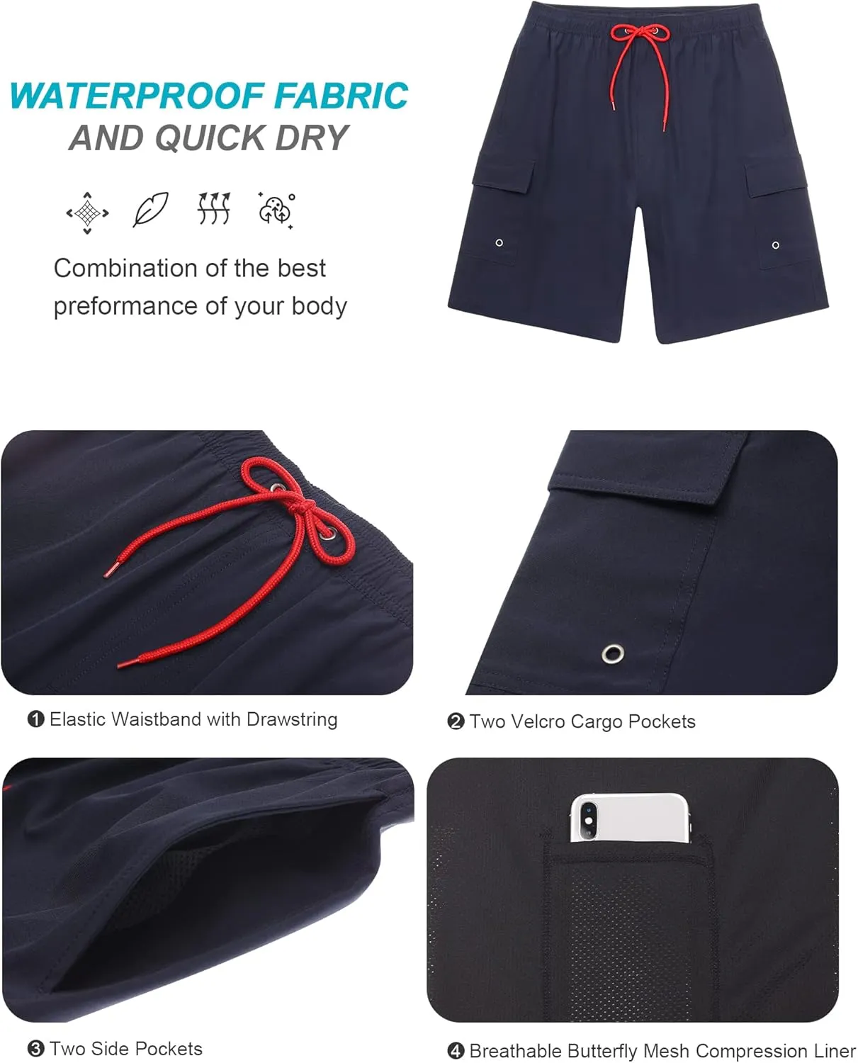 SILKWORLD Men's Swim Trunks with Compression Liner Quick Dry Bathing Suits 9 Inch Swimming Shorts with Cargo Pockets