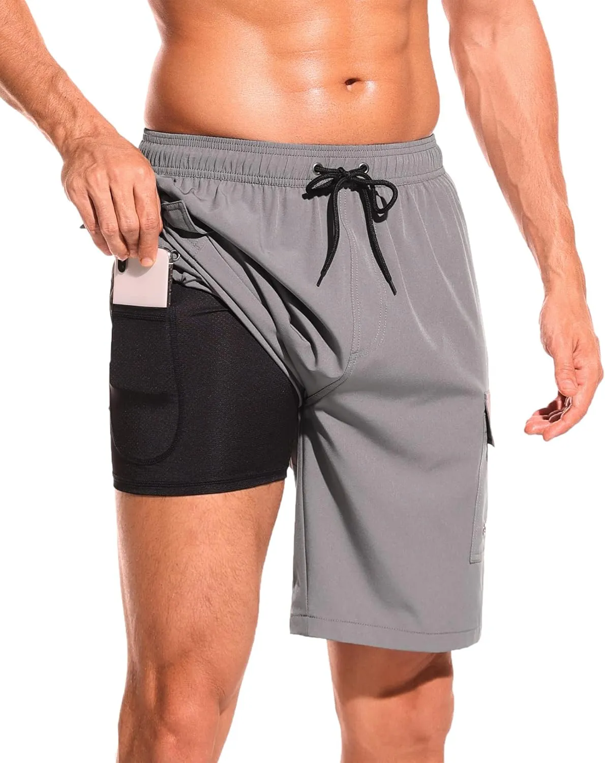 SILKWORLD Men's Swim Trunks with Compression Liner Quick Dry Bathing Suits 9 Inch Swimming Shorts with Cargo Pockets