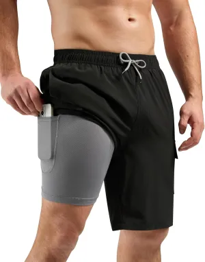 SILKWORLD Men's Swim Trunks with Compression Liner Quick Dry Bathing Suits 9 Inch Swimming Shorts with Cargo Pockets