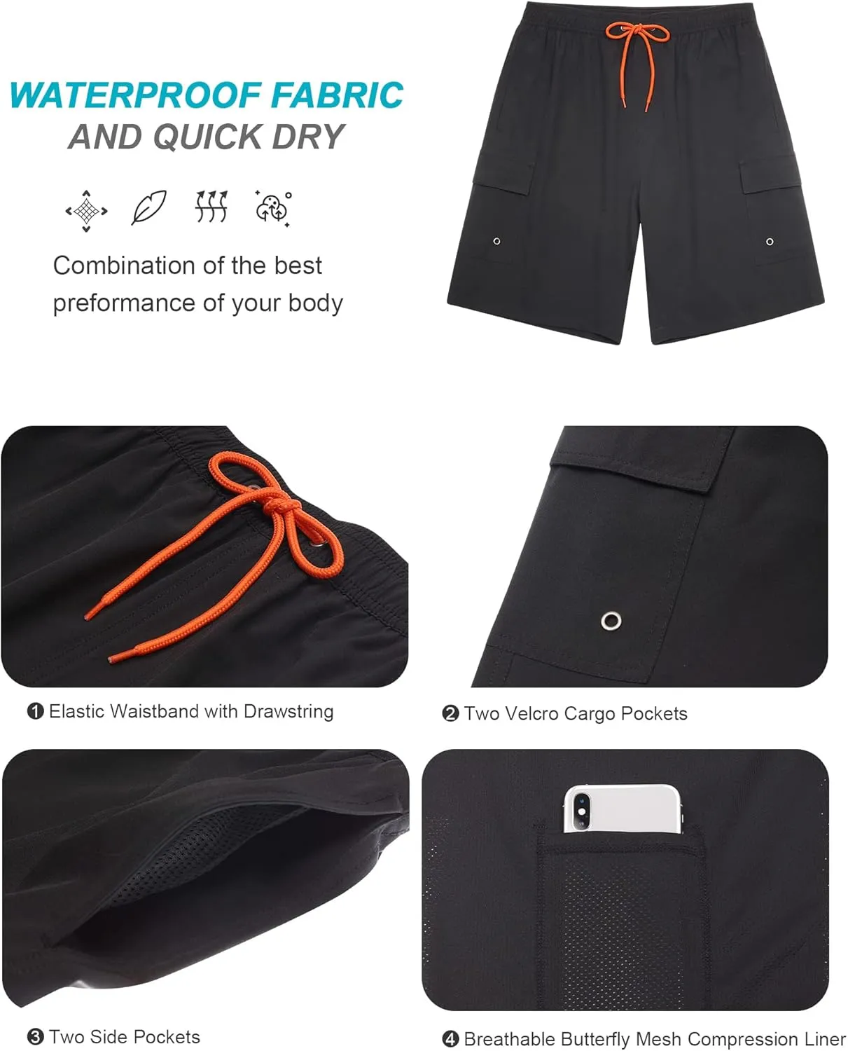 SILKWORLD Men's Swim Trunks with Compression Liner Quick Dry Bathing Suits 9 Inch Swimming Shorts with Cargo Pockets