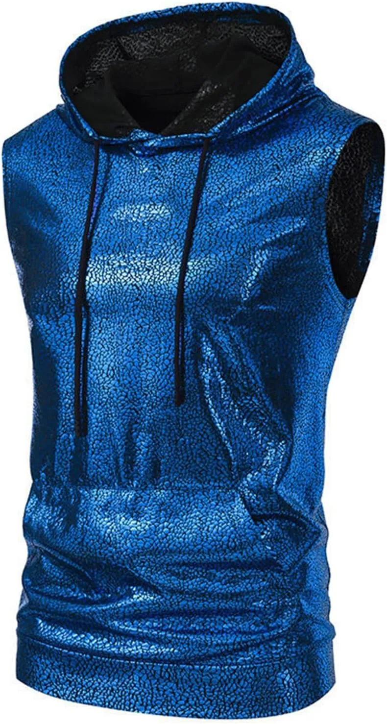 Sleeveless Hoodies for Men Sequins Tank Tops Disco Hipster Metallic Hooded with Kanga Pocket Casual Lightweight Shirt