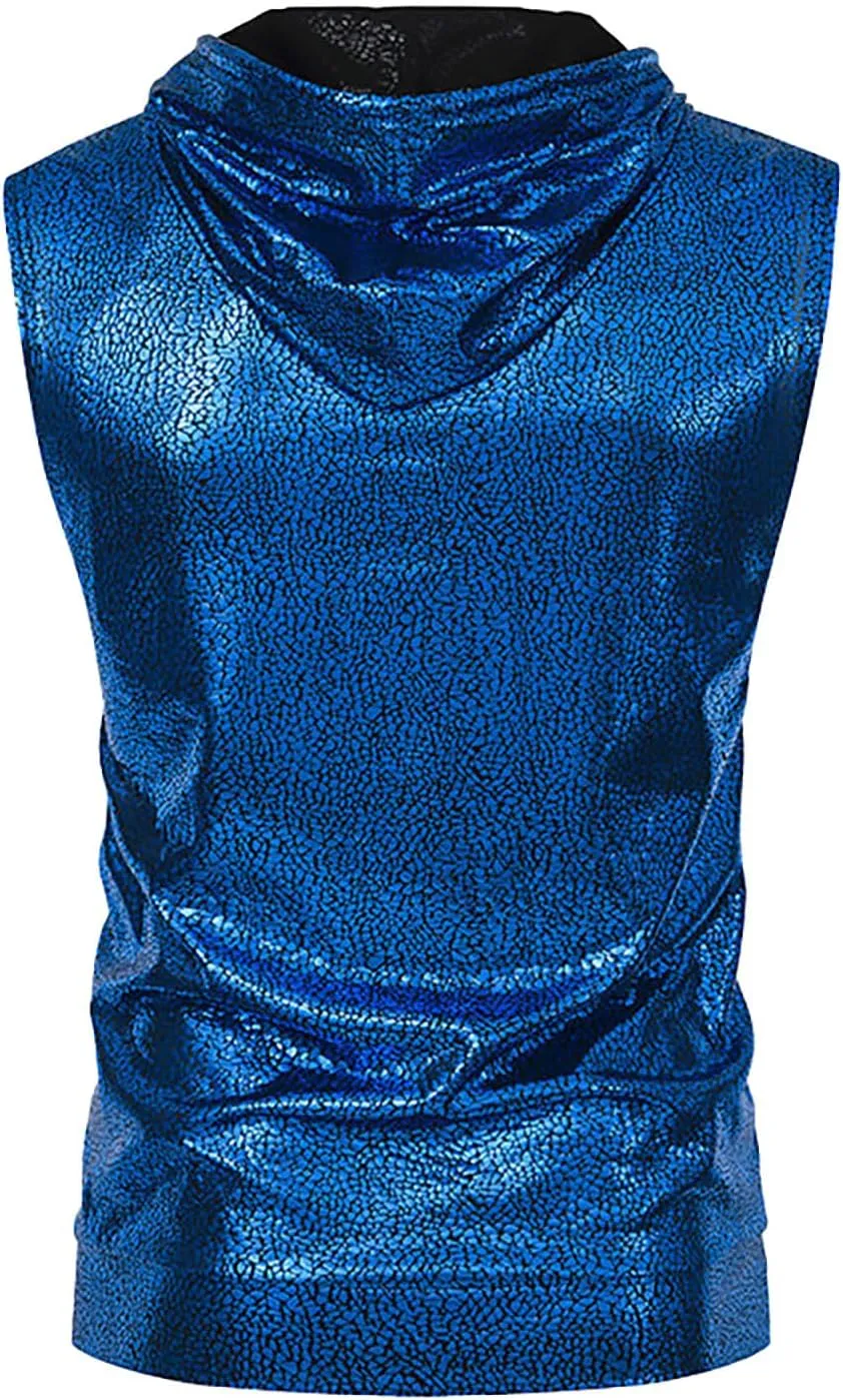 Sleeveless Hoodies for Men Sequins Tank Tops Disco Hipster Metallic Hooded with Kanga Pocket Casual Lightweight Shirt