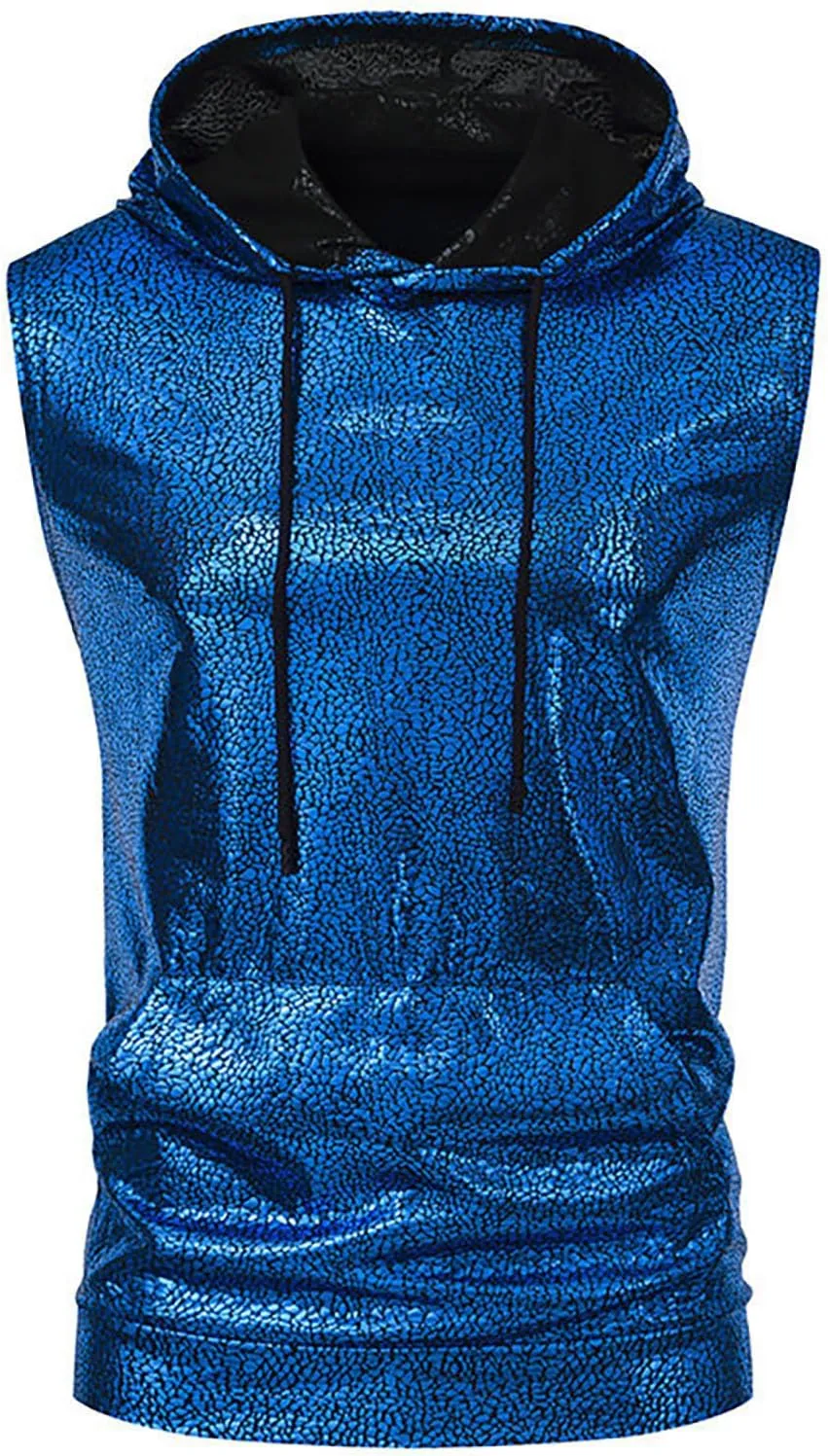 Sleeveless Hoodies for Men Sequins Tank Tops Disco Hipster Metallic Hooded with Kanga Pocket Casual Lightweight Shirt