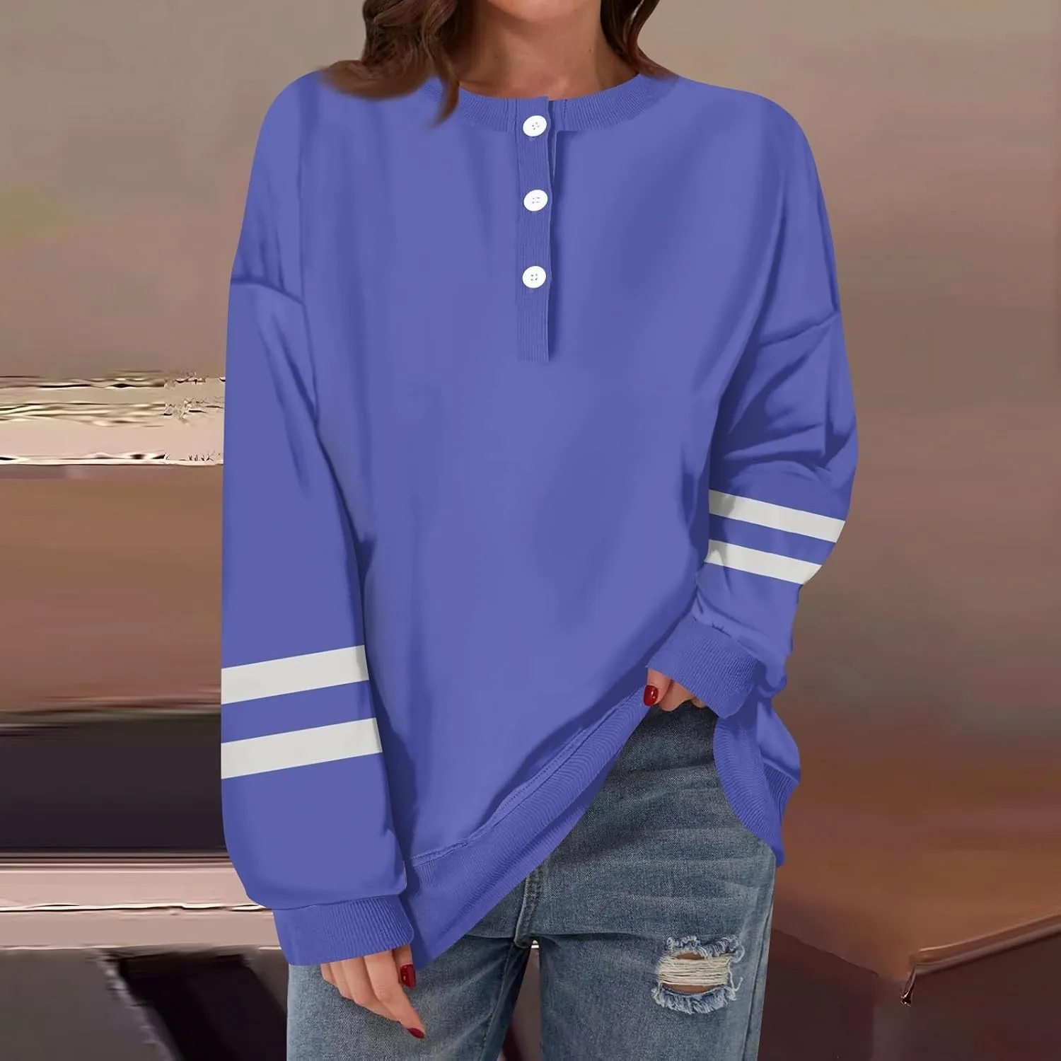 slqdgmryz Long Sleeve Tops for Women Spring Striped Color Block Henley Shirts Casual Crewneck Comfy Button Down Blouses