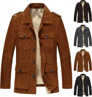 Suede Trench Coat Men Sherpa Fleece Lined Winter Warm Jackets Lapel Single Breasted Pea Coat Business Overcoat Topcoat