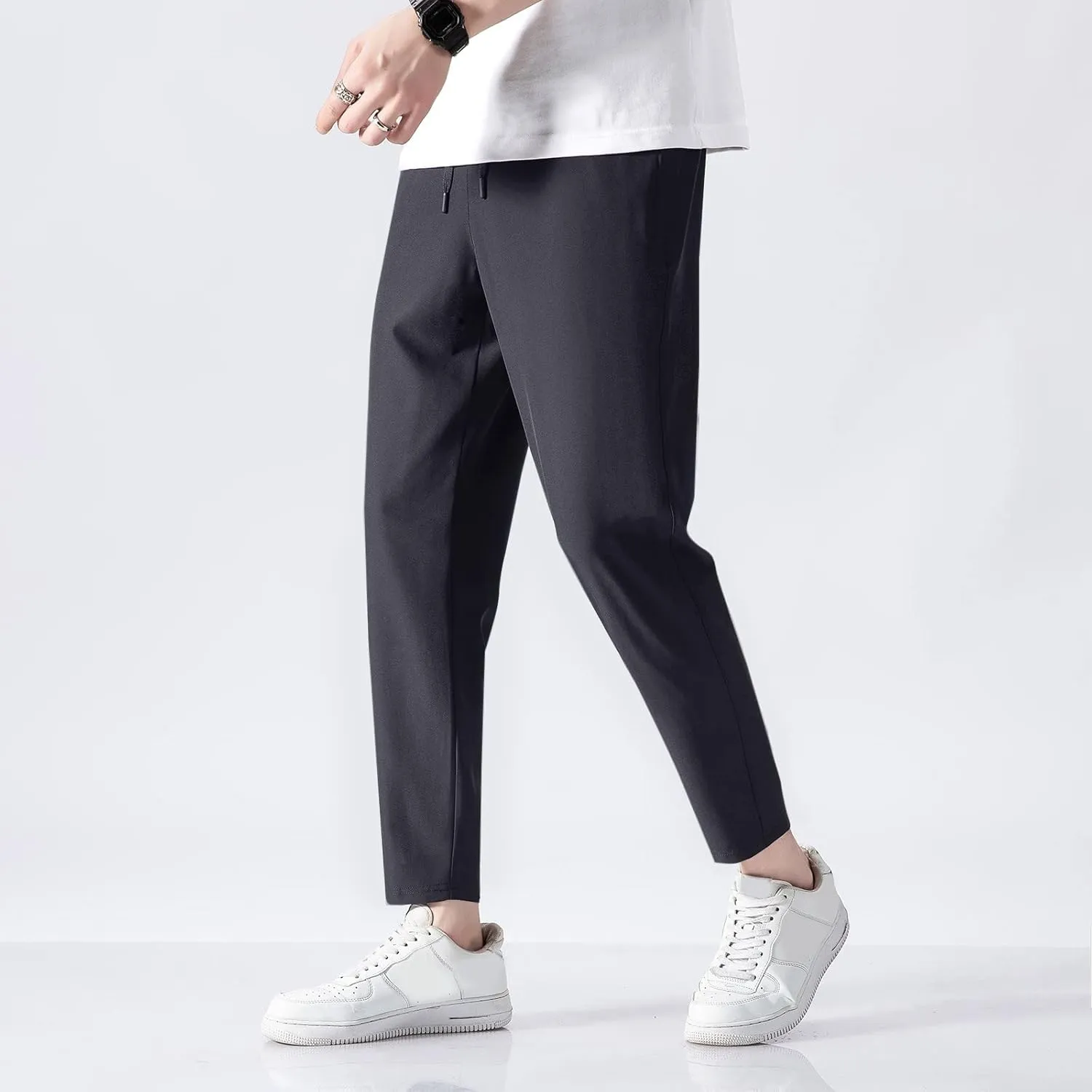 Summer Pants for Men Solid Color Elastic Waist Drawstring Pocket Slim Leg Fashion Leisure Style Summer Cute Trousers