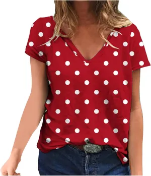Summer Shirts for Women 2024 Casual Short Sleeve v Neck Tops Fashion Polka Dot Print Tshirt Loose Comfy Blouses