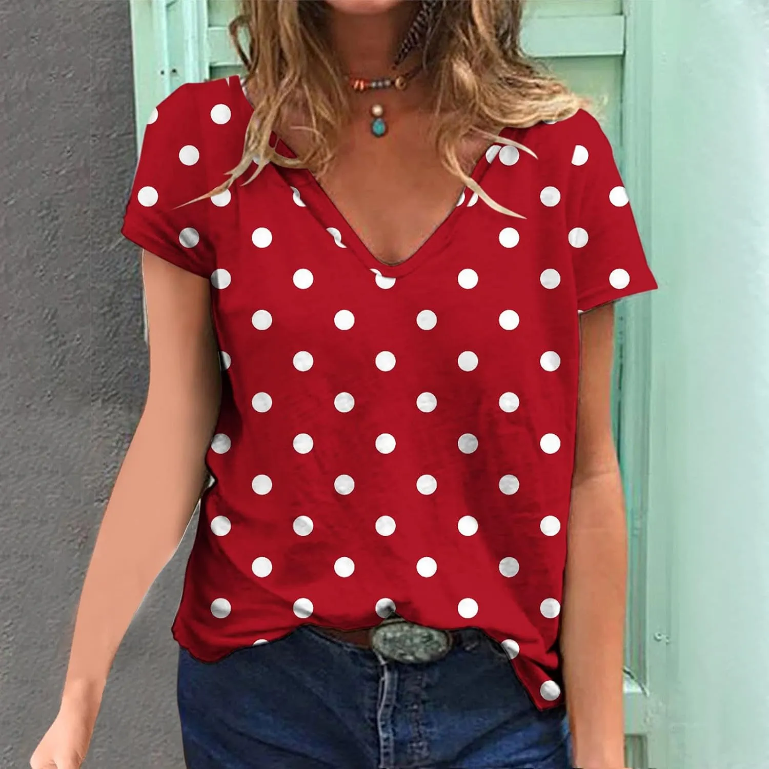 Summer Shirts for Women 2024 Casual Short Sleeve v Neck Tops Fashion Polka Dot Print Tshirt Loose Comfy Blouses