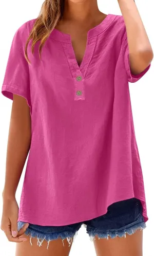 Summer Top for Women 2025 Casual Cotton Linen Short Sleeve T Shirts Plus Size Baggy Solid Color Vneck Button Down Tee