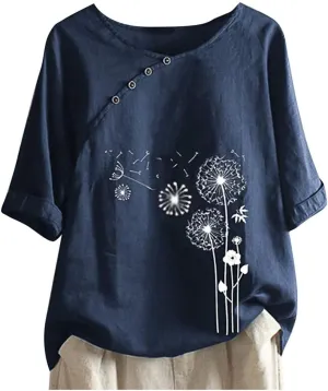 Summer Tops for Women 2024 Cotton Linen Casual Floral Short Sleeve T-Shirt Lightweight Crewneck Blouse Tee Shirt