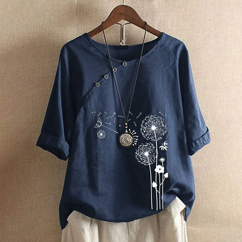 Summer Tops for Women 2024 Cotton Linen Casual Floral Short Sleeve T-Shirt Lightweight Crewneck Blouse Tee Shirt
