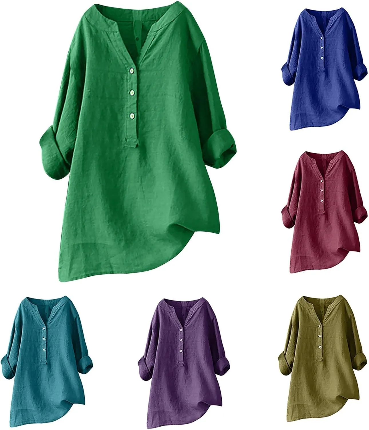 Summer Tops for Women 2024 Linen Shirts for Women Plus Size 3/4 Length Sleeve Tops Casual Loose Fit Round Neck Tees