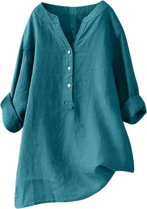 Summer Tops for Women 2024 Linen Shirts for Women Plus Size 3/4 Length Sleeve Tops Casual Loose Fit Round Neck Tees