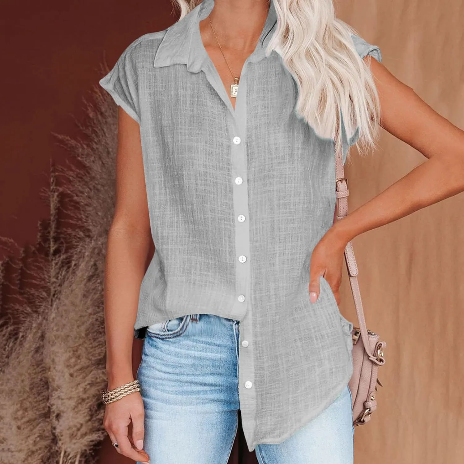 Summer Tops for Women 2024 Trendy Cotton Linen Button Down Shirts Dressy Cap Sleeve Collared Business Casual Blouses