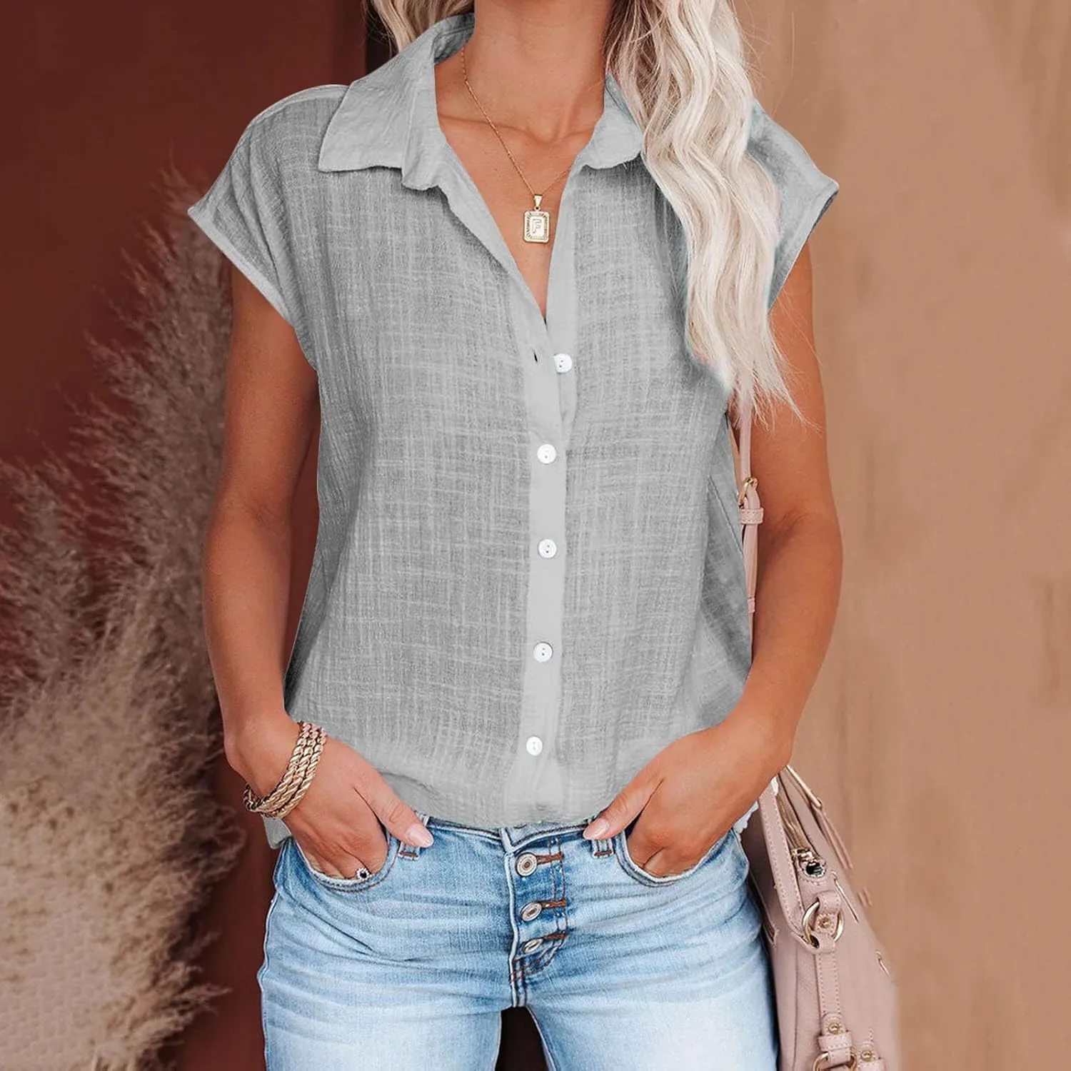 Summer Tops for Women 2024 Trendy Cotton Linen Button Down Shirts Dressy Cap Sleeve Collared Business Casual Blouses