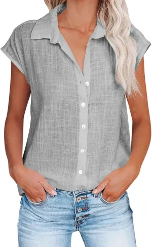 Summer Tops for Women 2024 Trendy Cotton Linen Button Down Shirts Dressy Cap Sleeve Collared Business Casual Blouses