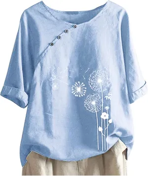 Summer Tops for Women Cotton Linen Casual Floral Short Sleeve T-Shirt Lightweight Crewneck Blouse Tee Plus Size Shirt