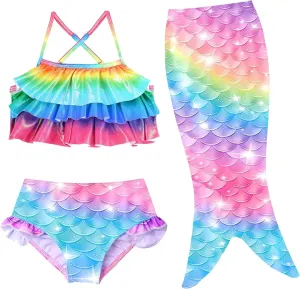 TFJH E 3PCS Girls Bathing Suits Bikini Swimwear Kids Princess Skirt Sets 3-10Y
