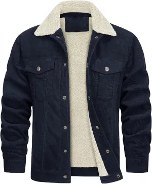 Thatrich Men's Corduroy Jacket Sherpa Lined Button Down Winter Coat Lightweight Fleece Jackets Lapel Long Sleeve Coat Outwear