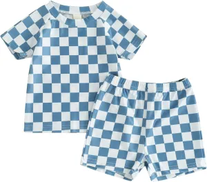 Toddler Boy Two Piece Swimsuit Checkered Short Sleeve top trunk Rashguard Swimwear Boy Sun Protection Beach Clothing