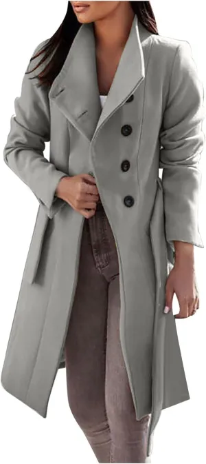 Trench Coats for Women 2023 Fall Wool Blend Pea Coat Fashion Classic Lapel Slim Overcoat Outerwear with Belt