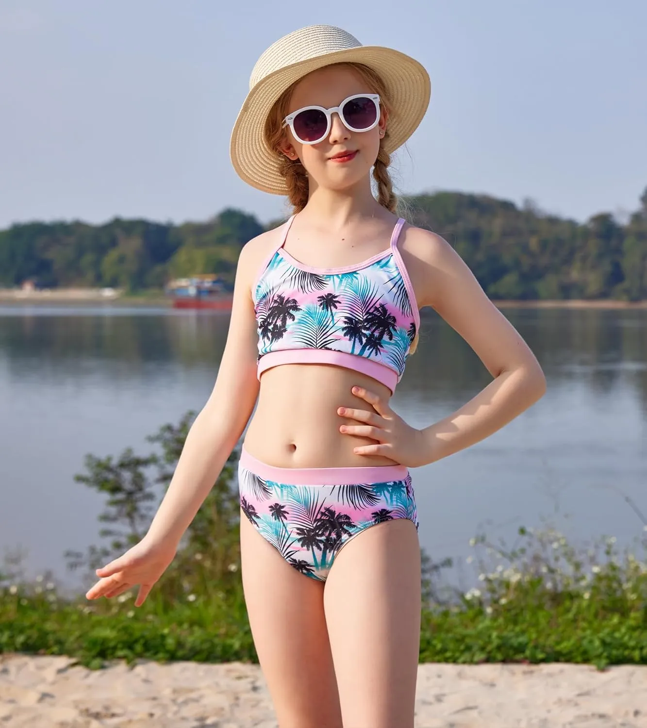 Vogseek 7-13T Girls 3pcs Bikini Swimwear with Long Sleeve Rashguard Shirts Quick Dry Swimsuits UPF 50  Bathing Suits