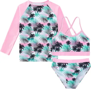Vogseek 7-13T Girls 3pcs Bikini Swimwear with Long Sleeve Rashguard Shirts Quick Dry Swimsuits UPF 50  Bathing Suits