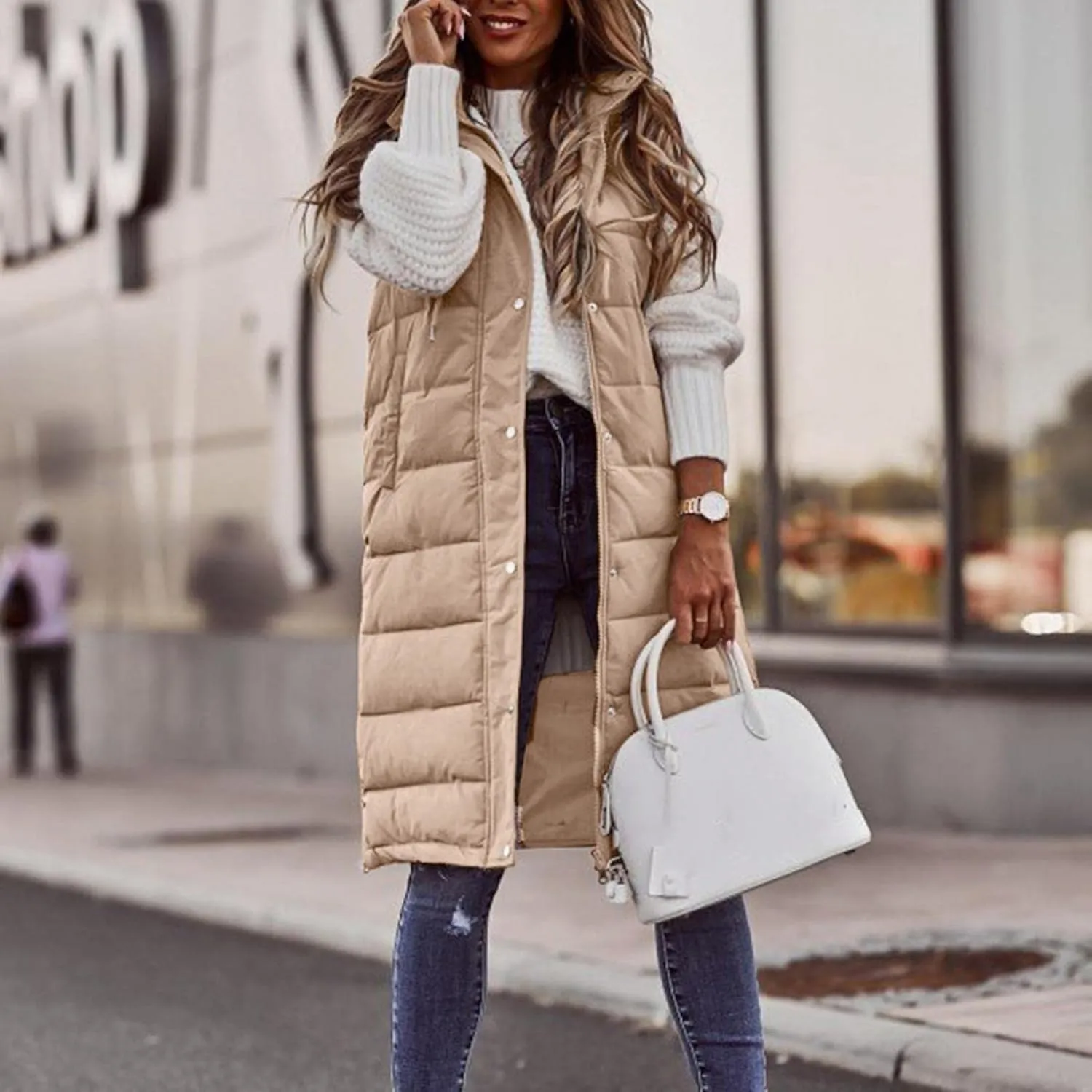 WABEOR Womens Long Puffer Vest Jacket Hooded Quilted Sleeveless Down Coats Winter Thickened Warm Zip Up Outwear Windbreakers