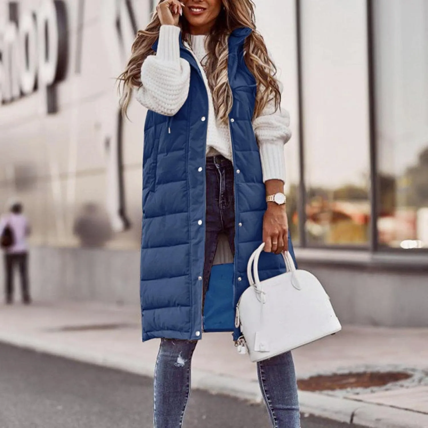 WABEOR Womens Long Puffer Vest Jacket Hooded Quilted Sleeveless Down Coats Winter Thickened Warm Zip Up Outwear Windbreakers
