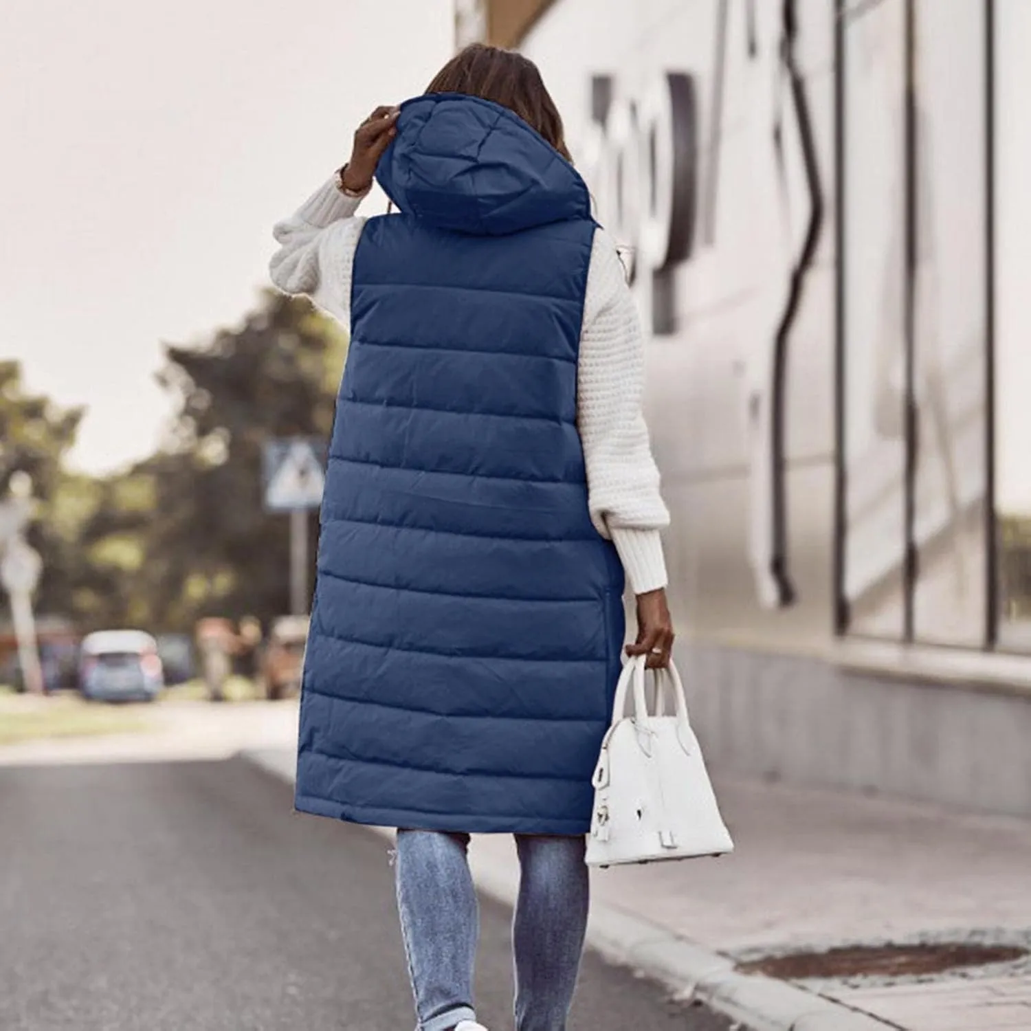 WABEOR Womens Long Puffer Vest Jacket Hooded Quilted Sleeveless Down Coats Winter Thickened Warm Zip Up Outwear Windbreakers